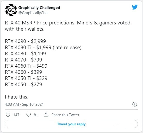 RTX 40系显卡来了！性能翻倍：价格/功耗感人
